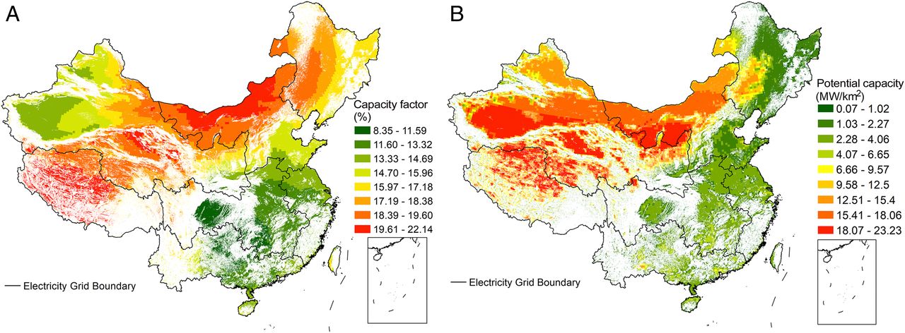 20211012-beat365中文官方网站环境学院、碳中和研究院、哈佛大学等联合团队系统解析我国太阳能发电平价路径与并网潜力-鲁玺-图1 光伏发电容量因子(A)及装机潜力(B)分布.jpg